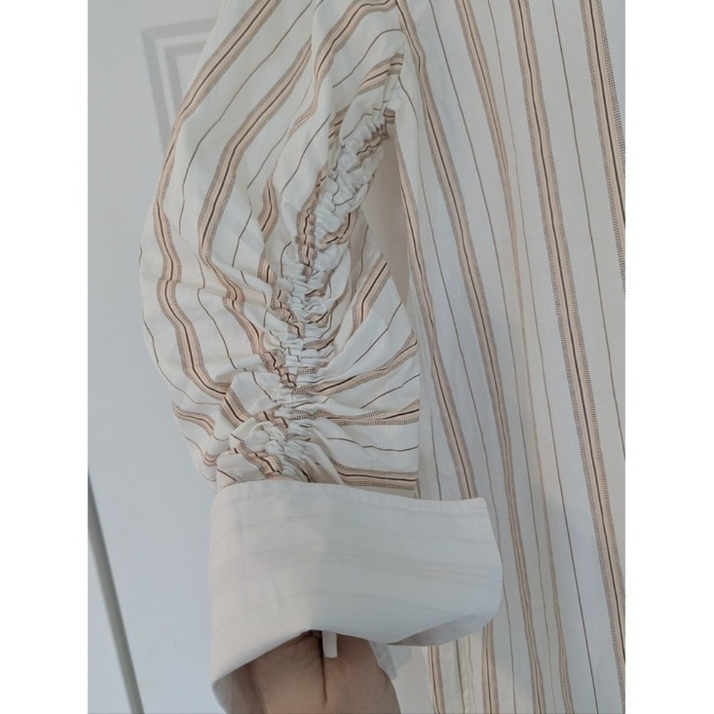 By Malene Birger Striped Ruched Sleeve Cotton Tunic Blouse White Tan Small 36 - Picture 8 of 13